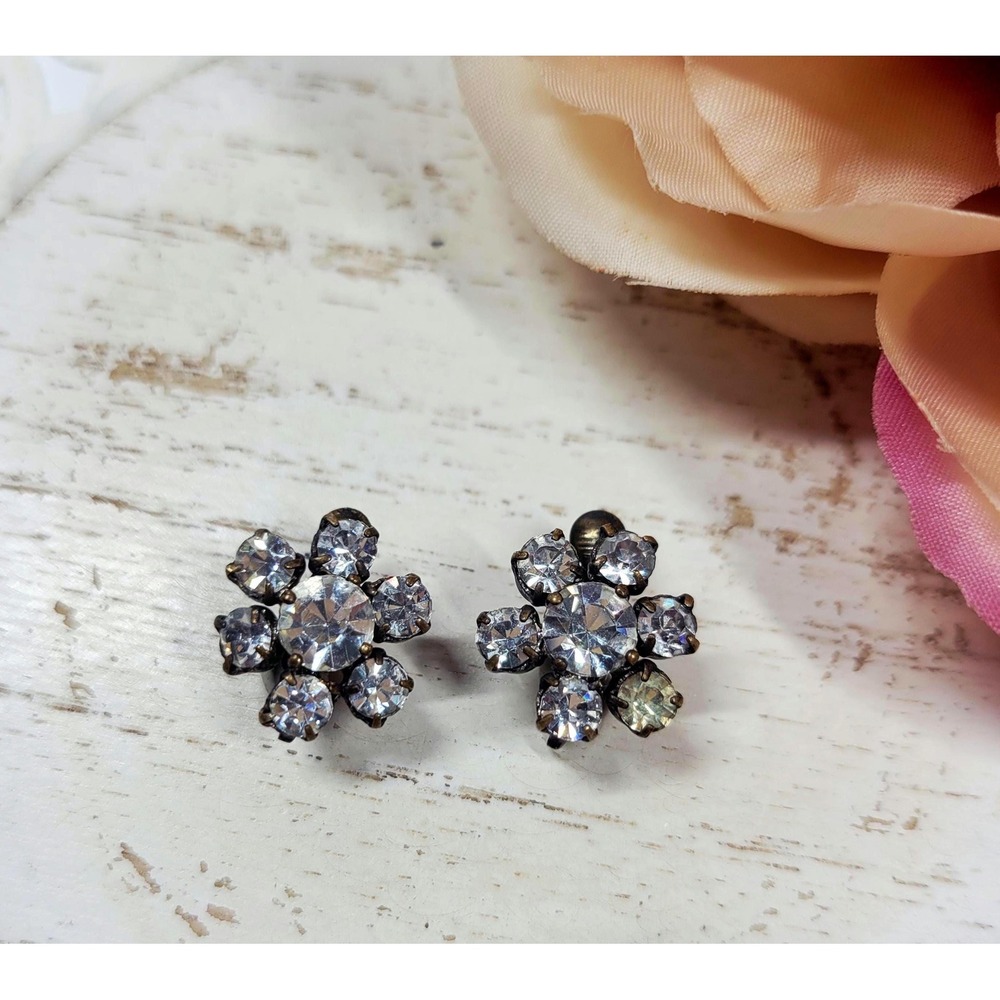 1940s Rosette Forget Me Not Paddle Back Earrings Chaton Cut Rhinestone Open Back